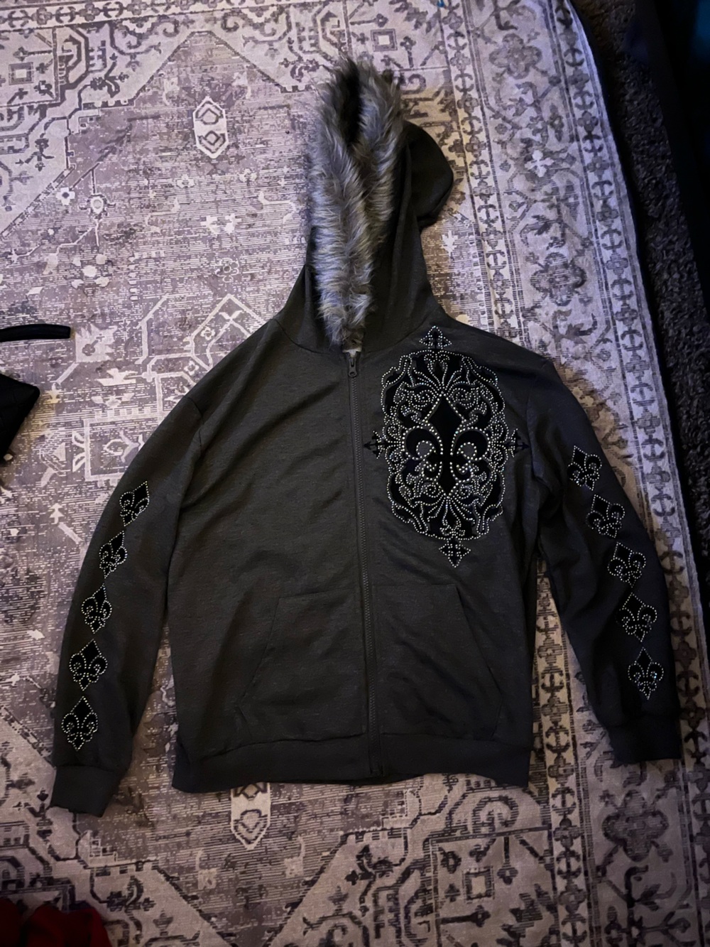 Women's Black Embellished Zip-Up Jacket with Faux Fur Hood